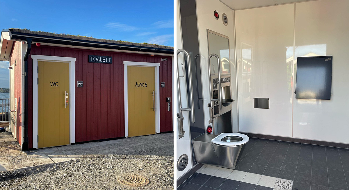 Två bilder av offentlig toalett - fasad och inredning